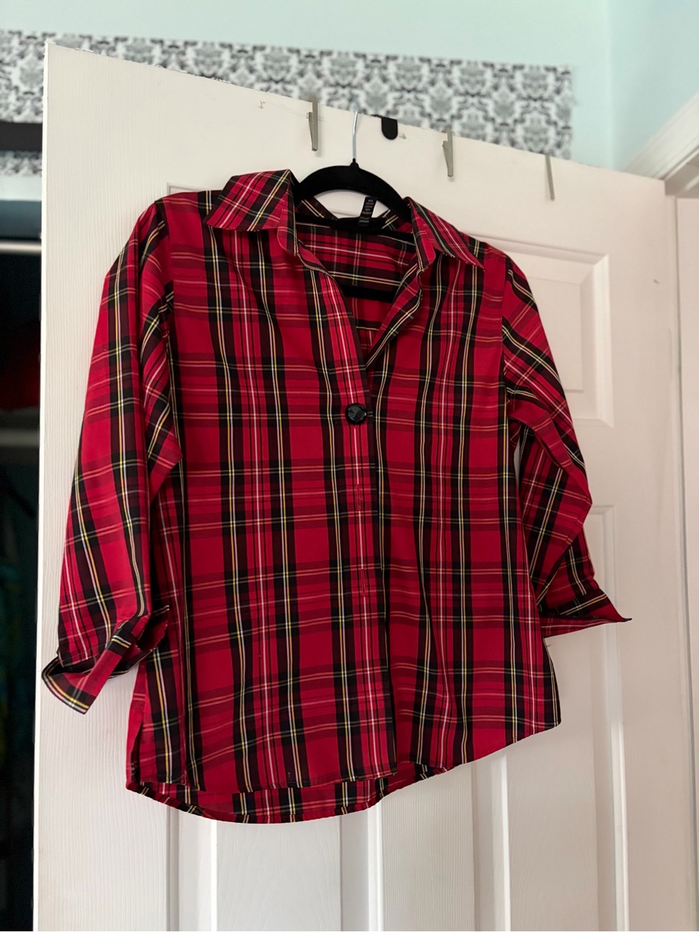 Foxcroft Red and Black Plaid Button-Up Shirt - 3/4 length sleeve